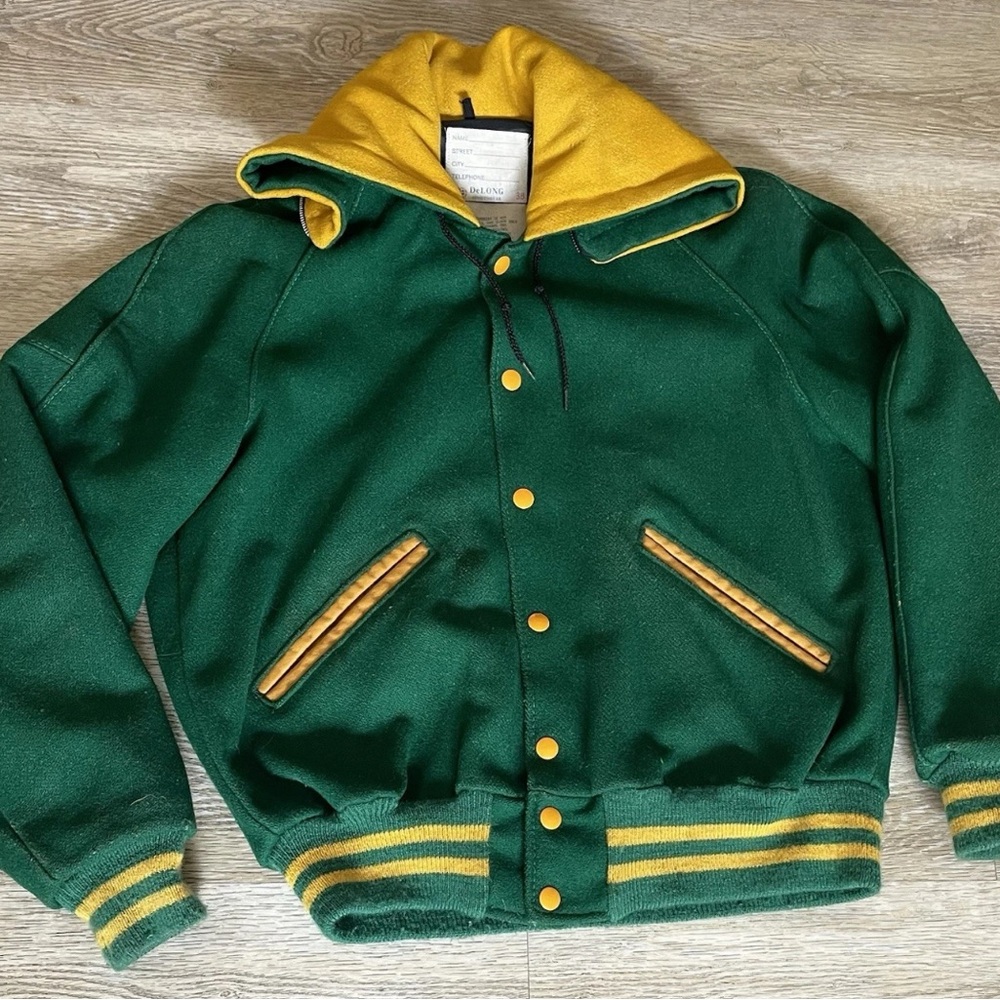 Vintage 70s 80s Wool LETTER JACKET Letterman Bomber Green/Yellow Retro 38 Med